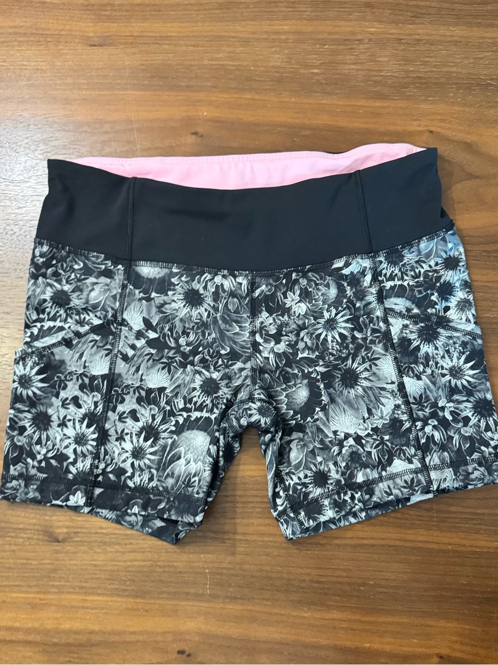 Women's Lululemon Black Floral Active Shorts with Pink Waistband